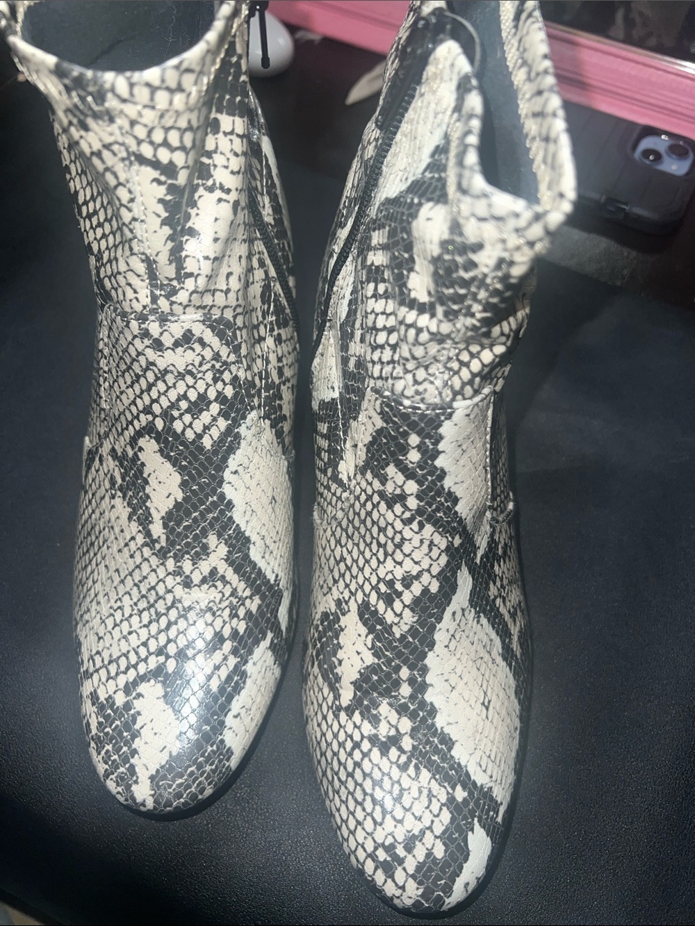 Time and Tru Black and White Snake-Print Ankle Boots